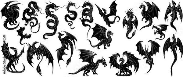 Obraz dragons set, silhouette vector collection on white background