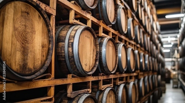 Fototapeta A large stack of vintage beer barrels in a craft brewery, with the textured wood and steel bands creating an industrial, timeless scene of the brewing process.