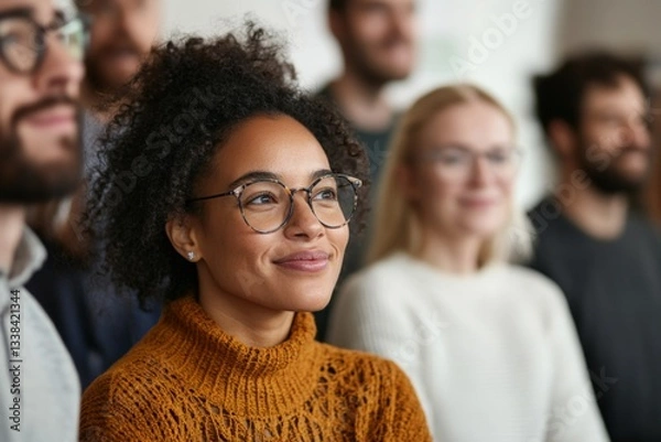 Fototapeta Group of people attending a workshop with a smiling woman in orange sweater in focus