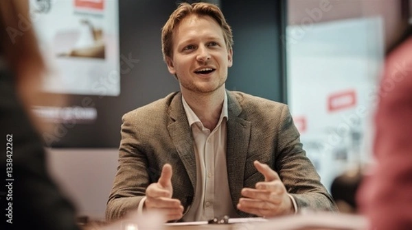 Fototapeta Businessman in a jacket actively discussing work against the background of a modern office. The man talks about his achievements. Meeting of a political leader with his assistants