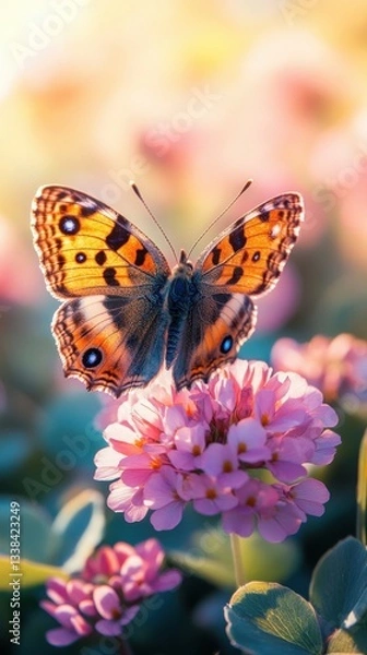 Fototapeta Elegant butterfly resting on a vibrant pink flower in a sunlit meadow capturing nature's delicate beauty and tranquility with a soft focus and warm tones