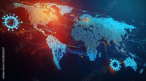 Obraz Digital World Map with Virus Icons and Data Visualization