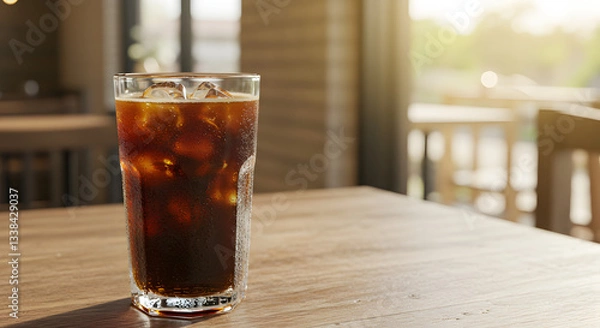 Fototapeta An iced coffee in a glass, condensation forming as it sits on a wooden table in a sunny café.