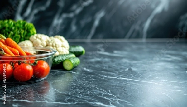 Fototapeta Close-up of fresh-cut produce stored in clear containers, red cherry tomatoes, green cucumbers, orange carrots, and white cauliflower, placed on a sleek marble kitchen table