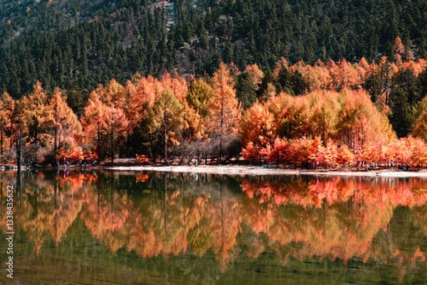 Obraz Landscape Bipenggou Valley - Most Beautiful Panyang Lake or Argali Lake and Yellow Tree with Snow Mountain  in Mount Bipenggou National Park in Xiaojin Sichuan Province China -