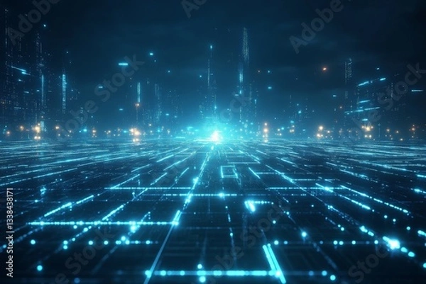 Fototapeta Digital cityscape glowing at night with intricate grid patterns and vibrant blue lights illuminating the skyline