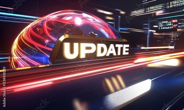 Fototapeta Global news update graphic with illuminated globe and dynamic light trails