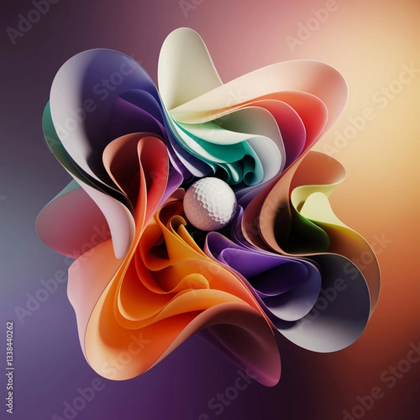Fototapeta A 3D abstract render of a golf ball soaring through vibrant colors, with ethereal shapes swirling in a dance of light, evoking freedom and aspiration.