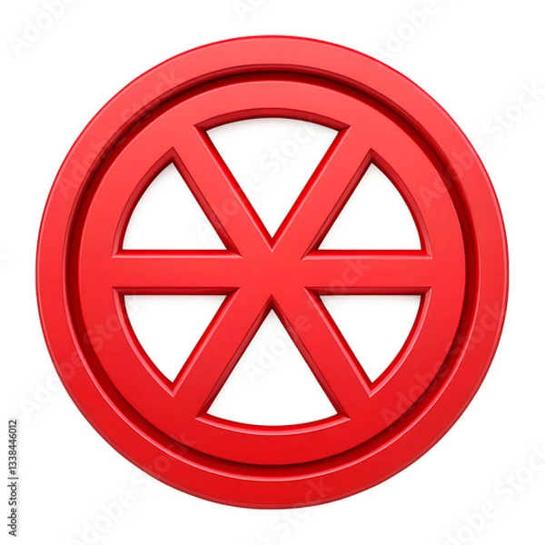 Fototapeta Red circle with a six-pointed star or stylized wheel inside, 3D icon.