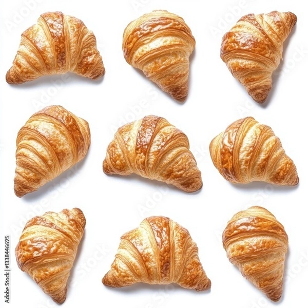 Fototapeta Golden croissants arranged in a grid pattern on a white background creating a visually appealing fresh baked pastry display perfect for breakfast