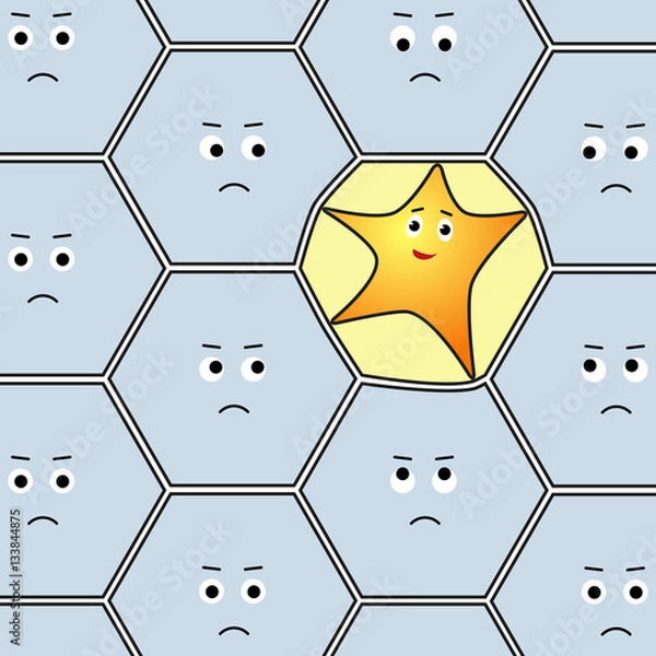 Obraz Funny star character deforms border of a cell in the middle of ordinary hexagons group