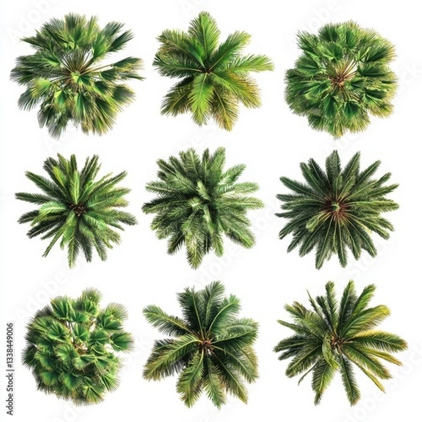 Fototapeta Aerial View of Palm Tree Collection on White Background Exotic Tropical Greenery Botanical Beauty