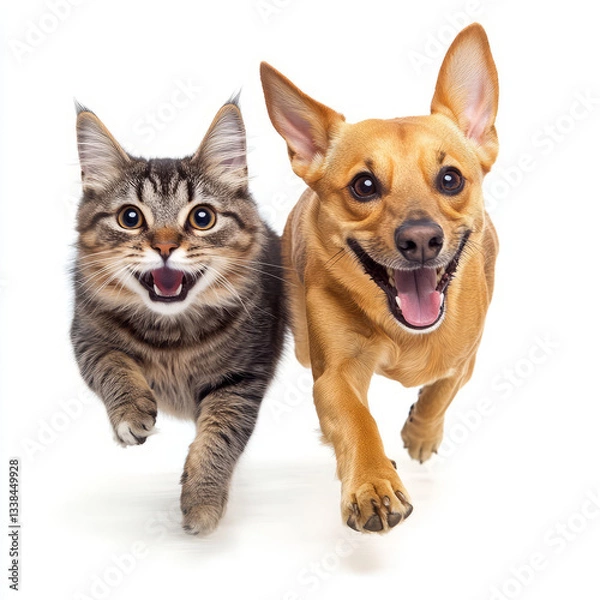Fototapeta Playful Dog and Cat RunningTogether on White Background at Camera