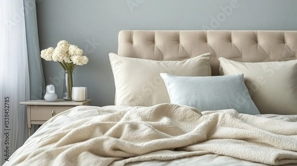 Fototapeta A cozy modern guest bedroom with soft bedding, stylish decor, and a minimalist color palette.