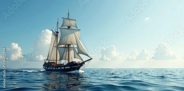 Fototapeta Frigate barque barrels across the surface of the calm sea, regatta, vessel, sea
