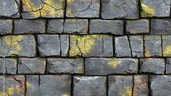 Fototapeta Aged Stone Wall Texture With Moss And Cracks