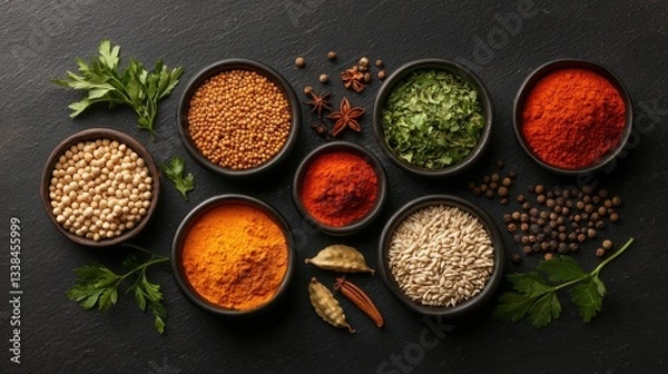 Obraz Colorful assortment of spices and herbs in bowls on dark stone table for cooking and culinary photography