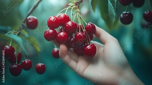 Fototapeta A hand gently holding a bunch of ripe cherries, with a backdrop of a cherry tree heavy with fruit 