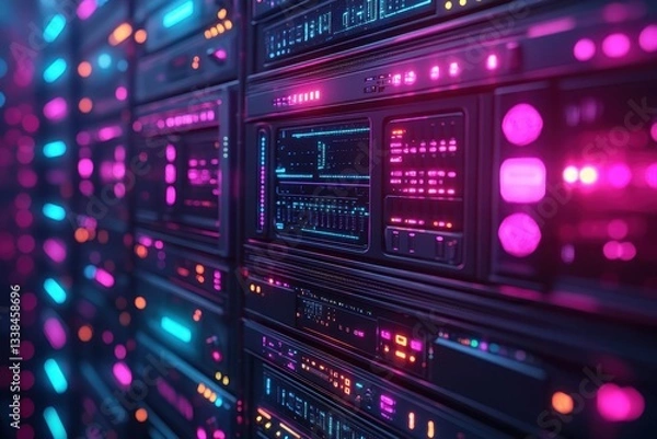 Fototapeta Illuminated server racks displaying vibrant colors in a modern data center filled with advanced technology