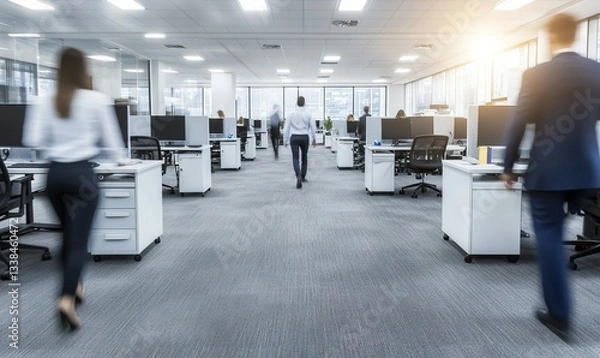 Fototapeta Modern office with blurred figures walking. Desks and computers fill the space, bathed in natural light. A dynamic workspace