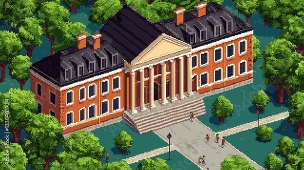 Fototapeta Pixel Art Illustration of a Classic University Building Surrounded by Lush Green Trees in a Park Setting