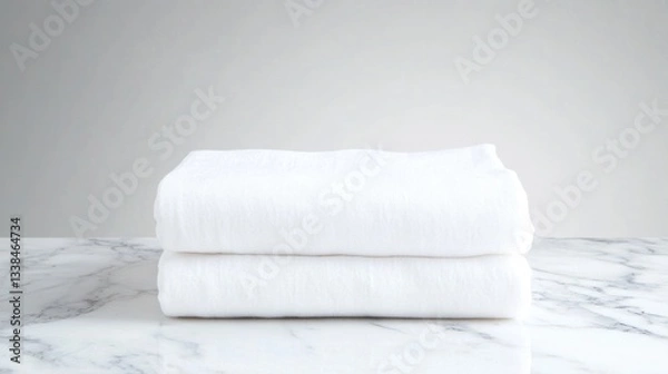 Fototapeta Soft, neatly folded white towels on marble surface create serene
