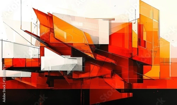 Fototapeta Geometric abstraction of a futuristic building. Angular shapes in oranges and white. Linear elements add structure