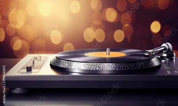 Fototapeta Record player spins a vinyl disc on a sleek turntable, bokeh lights in the background illuminate the scene