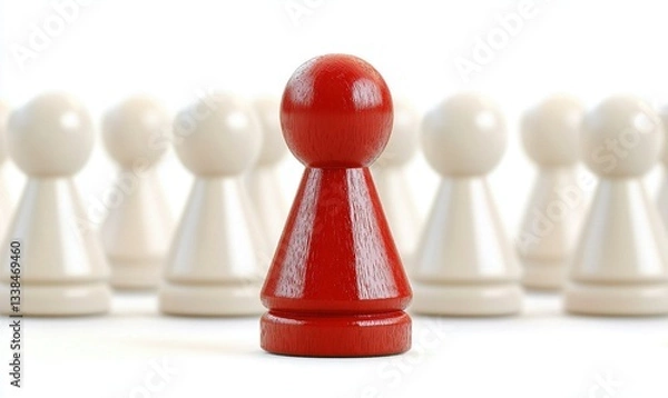 Fototapeta Red chess pawn stands out among white pawns, signifying leadership and uniqueness. Focus on success, standing out from the crowd