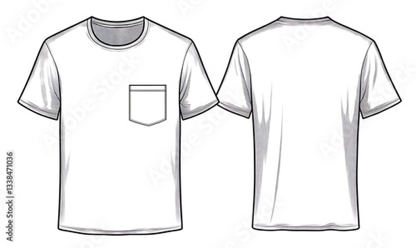 Fototapeta Short sleeve t-shirt T shirt with pocket design template, front and back view. Blank T Shirt for mockup, vector illustration.