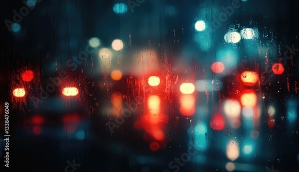Fototapeta A blurred background of police lights flashing on the street at night, representing emergency and security with copy space for text or design.
