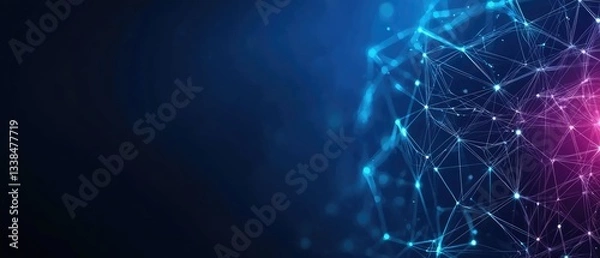 Fototapeta A digital network graphic featuring interconnected nodes and lines, illuminated in blue and pink tones against a dark background.
