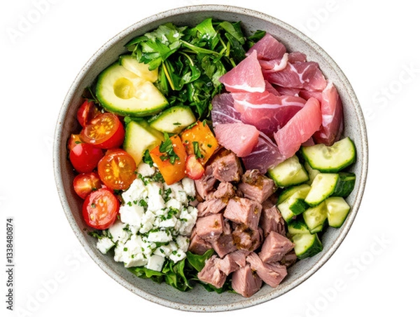 Fototapeta Colorful salad bowl with fresh ingredients and protein choices on a transparent background, cut out