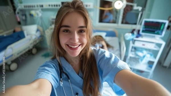 Fototapeta A young female nurse in scrubs taking a selfie in a hospital ward with patients in the background.