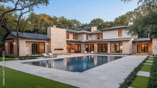 Fototapeta A sophisticated modern house with a luxurious courtyard pool, beautiful stone pathways, and ambient lighting.