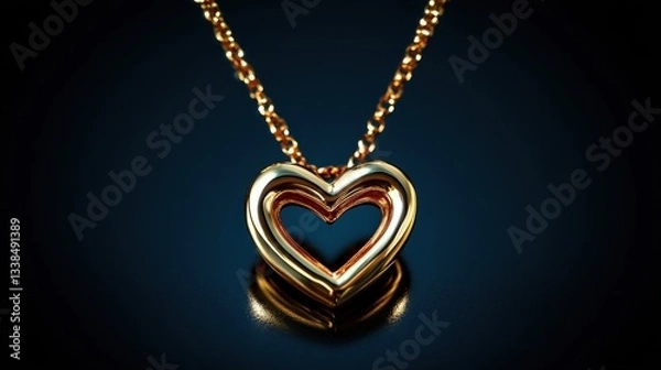 Fototapeta Shimmering gold heart pendant with reflections on a glossy black background