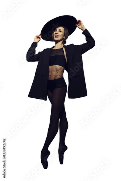 Obraz ballerina in the style of fashion total black in a jacket and hat poses ballet elements, isolated on transparent background, png