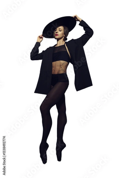 Fototapeta ballerina in the style of fashion total black in a jacket and hat poses ballet elements, isolated on transparent background, png
