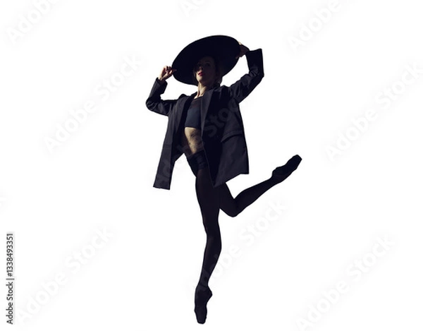Obraz ballerina in the style of fashion total black in a jacket and hat poses ballet elements, isolated on transparent background, png