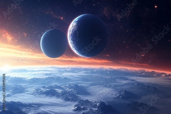 Obraz Celestial landscape featuring two planets hovering over a cloud-covered terrain during twilight in a distant galaxy
