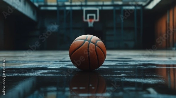 Fototapeta Close-up of basketball with textured surface resting on dark black background, ideal for sports concepts, athletic equipment displays, and team game promotions




