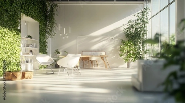 Obraz Modern loft office with white columns panoramic windows green plants
