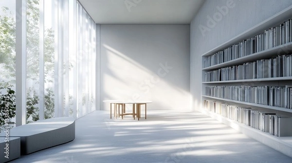 Fototapeta White Public Library Reading Room Corner with Table and Blank Wall