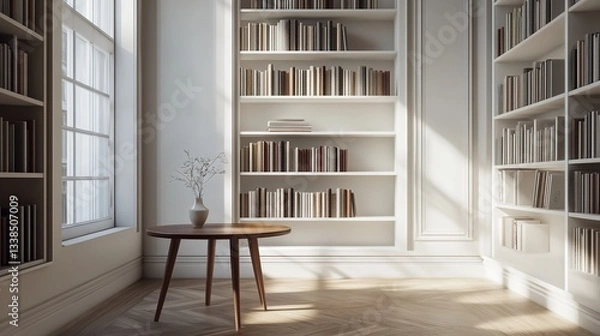 Obraz White Public Library Reading Room Corner with Table and Blank Wall
