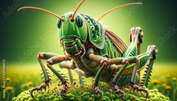 Fototapeta A vibrant, detailed illustration of a green grasshopper perched on a flower, showcasing nature's beauty and intricacy.
