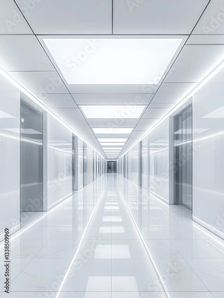 Fototapeta Modern minimalist office corridor with bright white light reflecting on marble floor creating a clean and professional atmosphere with a futuristic perspective