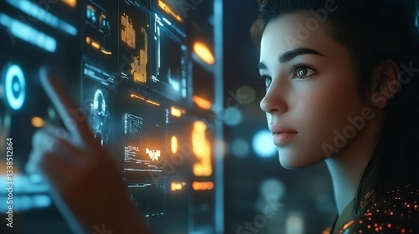 Obraz  Woman Touching Virtual Screen with AI Ethics and Business Concepts
