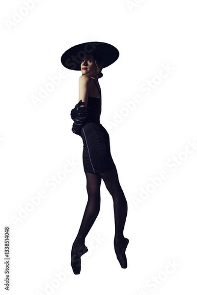 Obraz ballerina in the style of fashion total black in a dress, hat and gloves poses ballet elements, isolated on transparent background, png