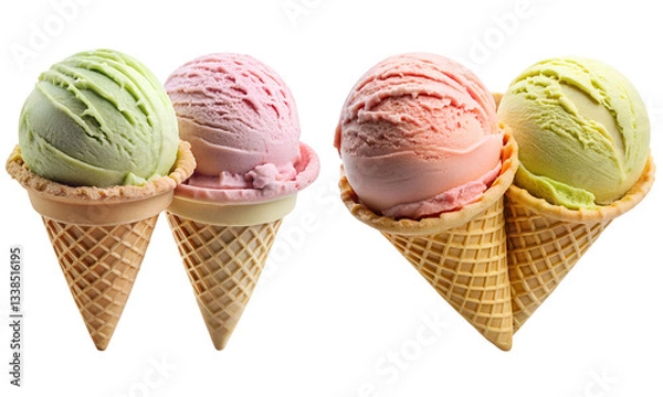 Obraz Ice cream scoop on waffle cone set, ice cream in waffle cone set isolated