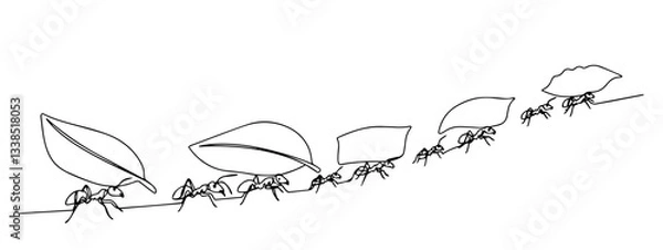 Fototapeta line drawing of ants carrying leaves in a row